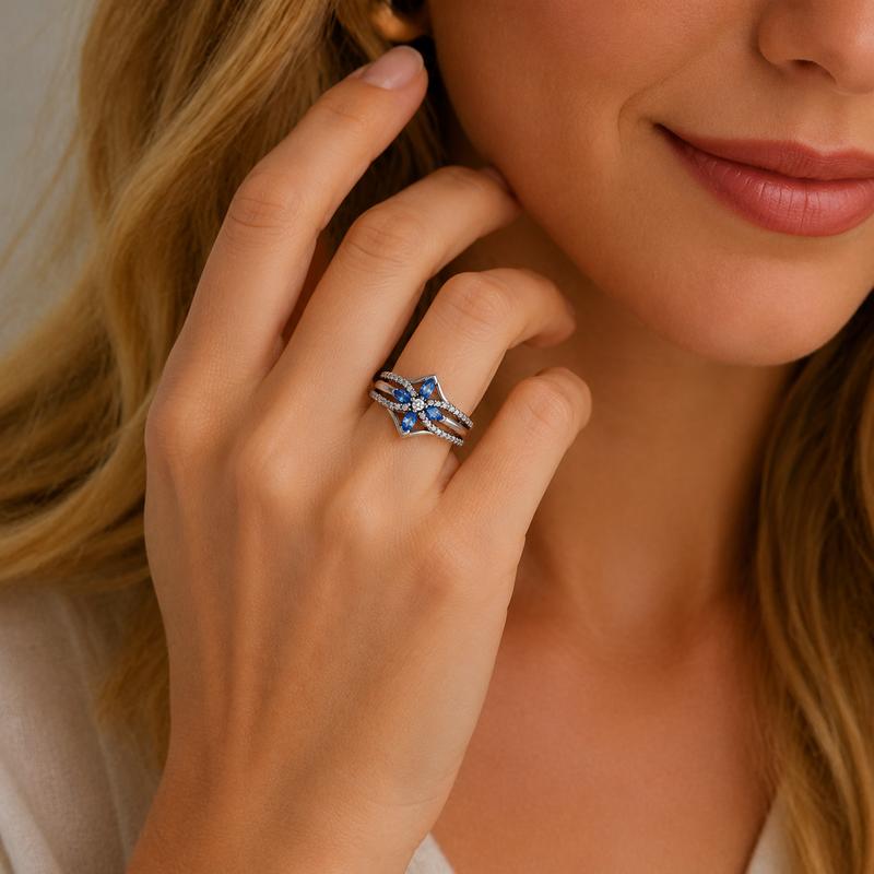 Blue Crystal Flower Ring
