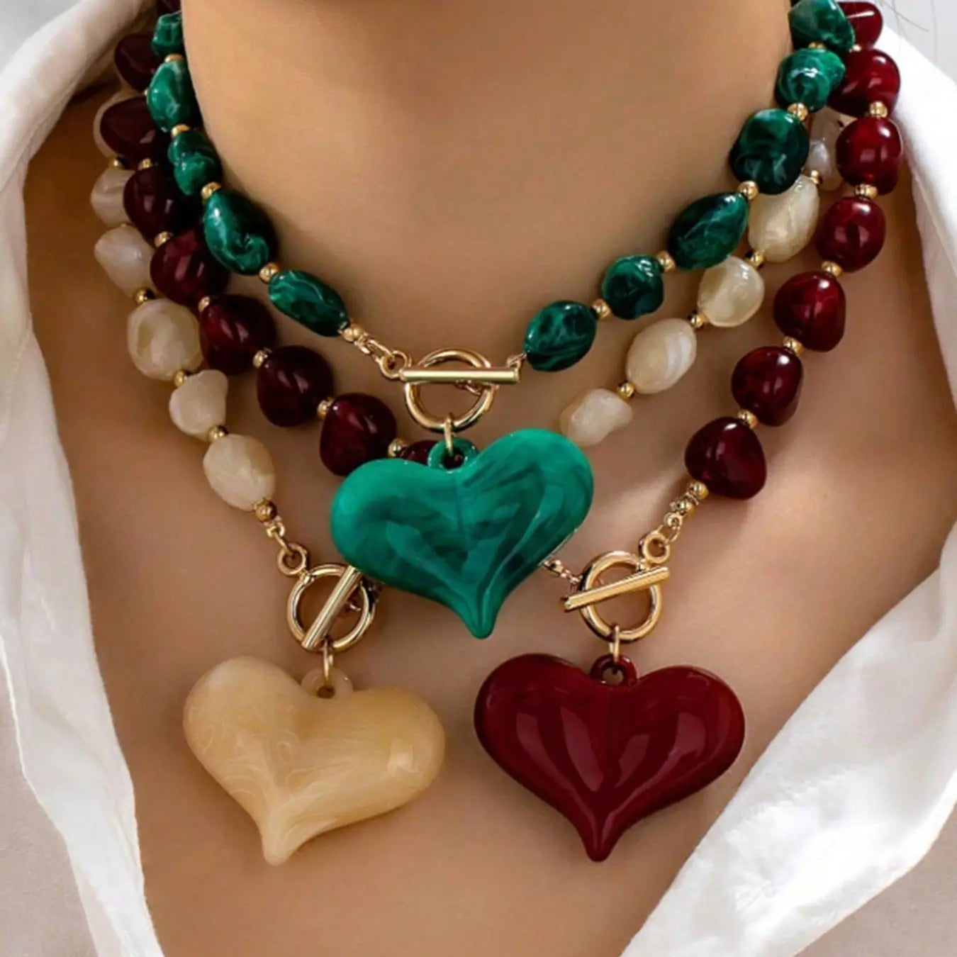 3pc Chunky Beaded Heart Necklace