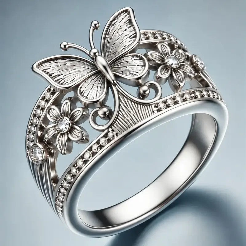Whimsical Butterfly Floral Statement Ring