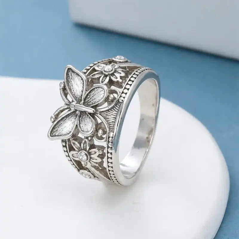 Whimsical Butterfly Floral Statement Ring