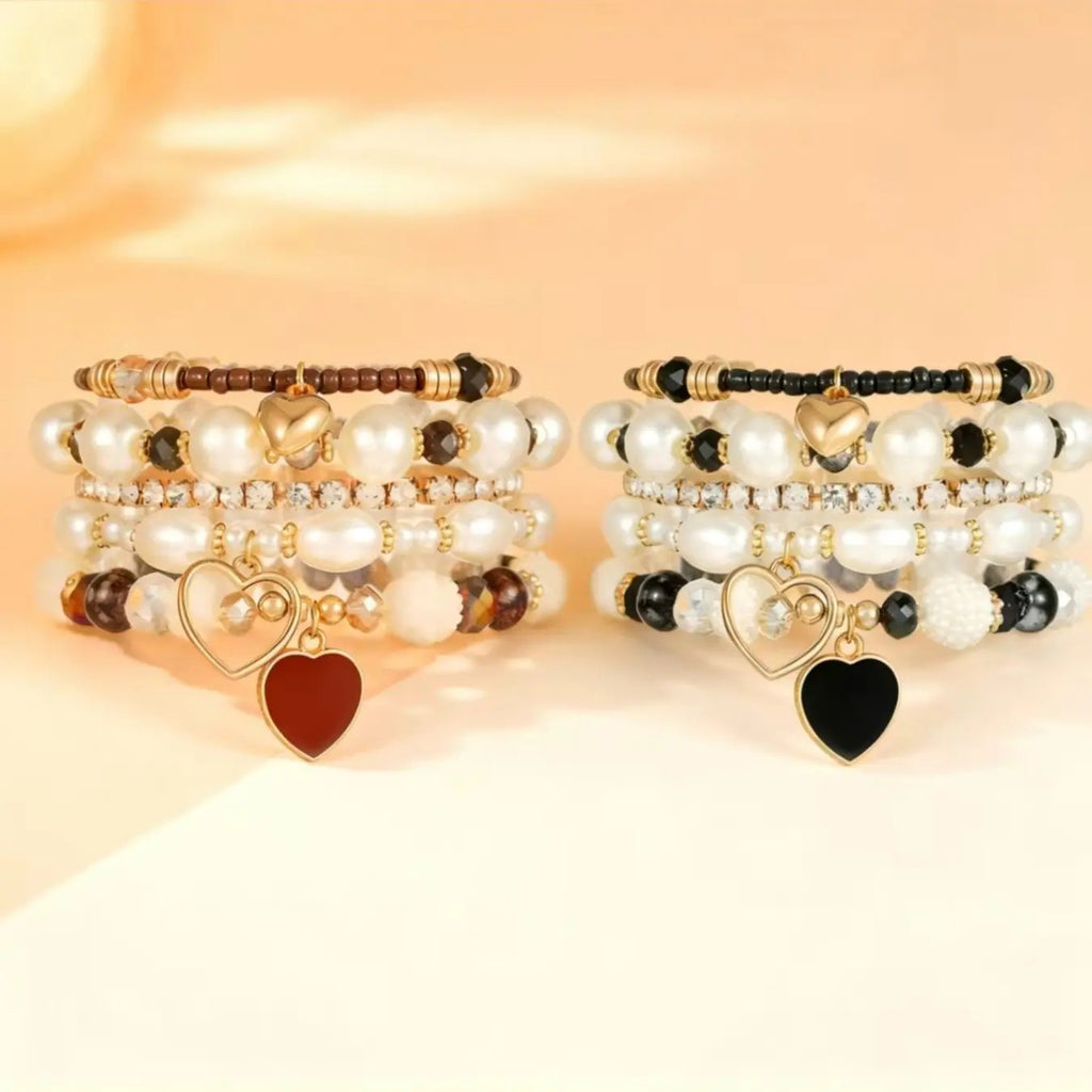 5pc Pearl Heart Bead Bracelet Set