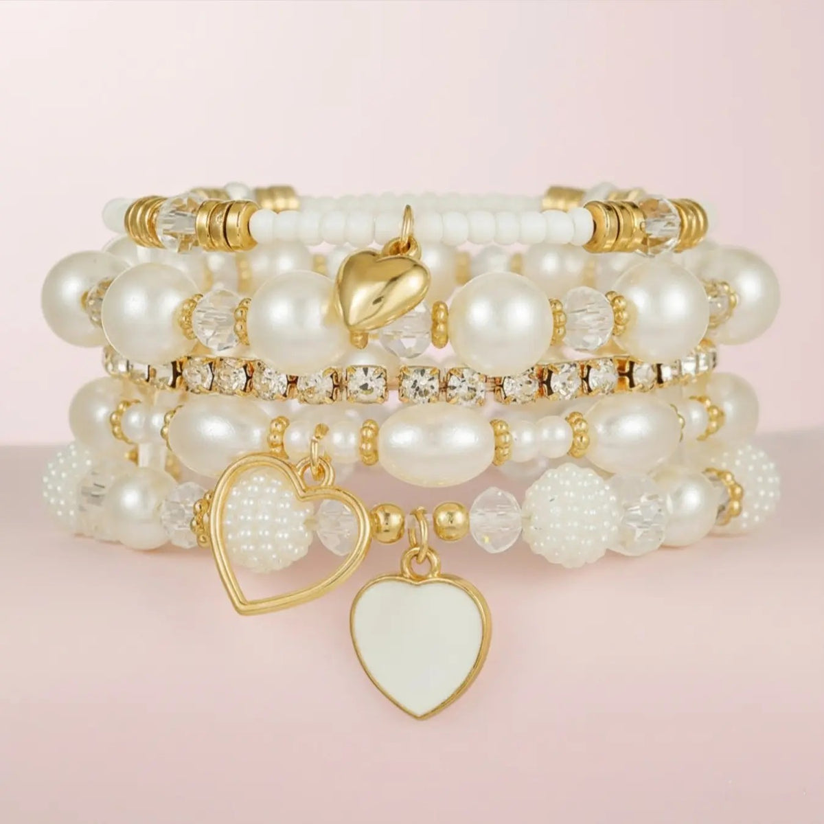 5pc Pearl Heart Bead Bracelet Set