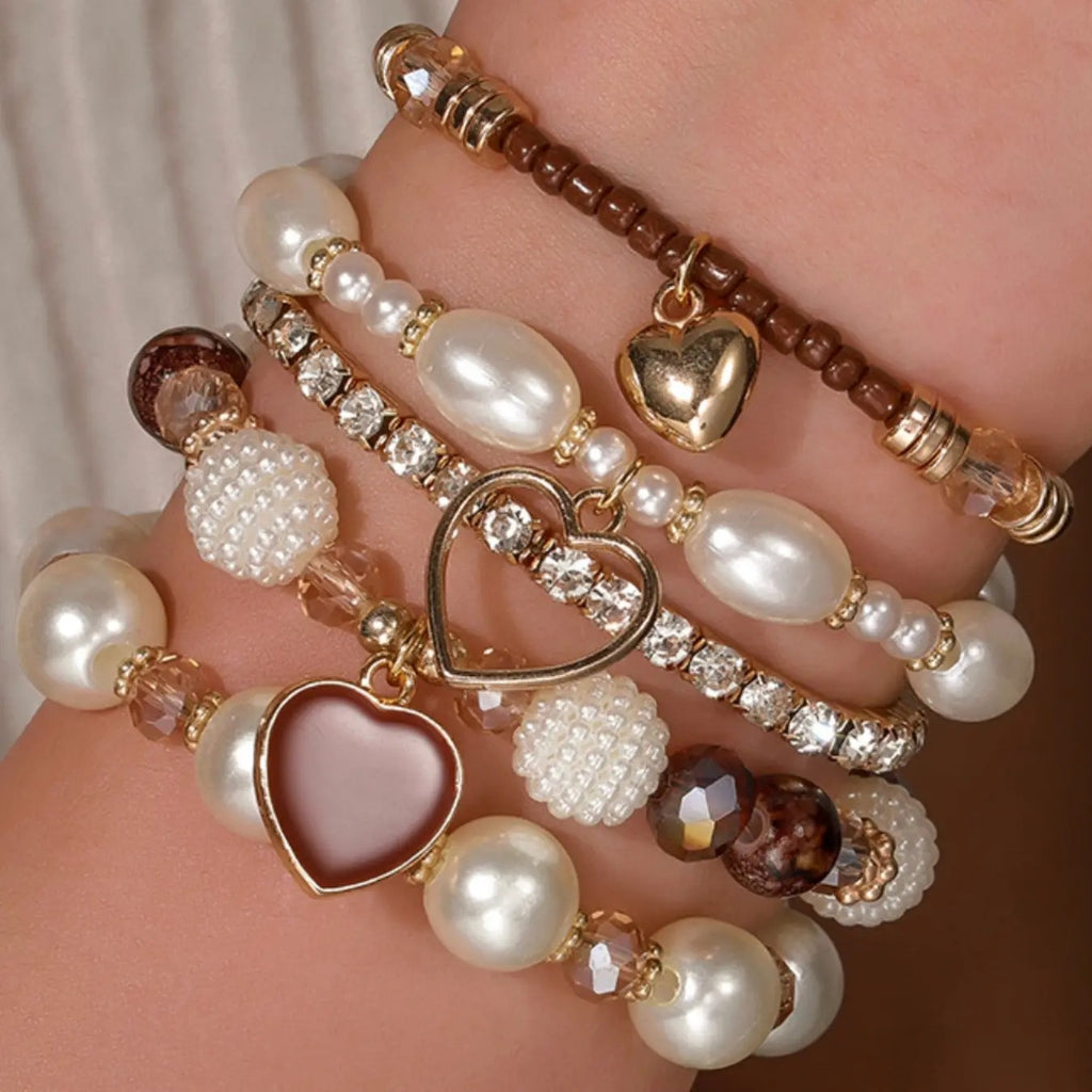 5pc Pearl Heart Bead Bracelet Set