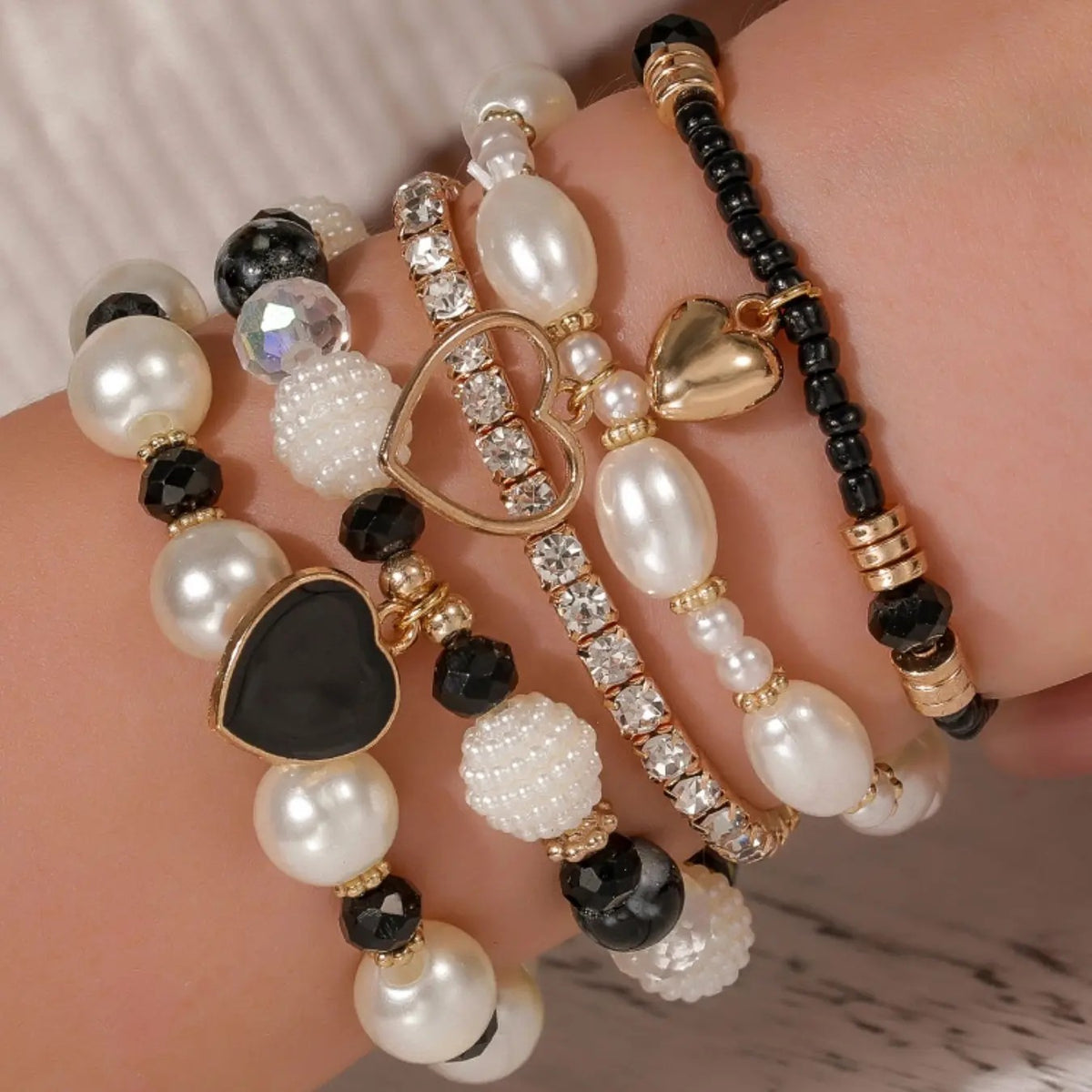 5pc Pearl Heart Bead Bracelet Set