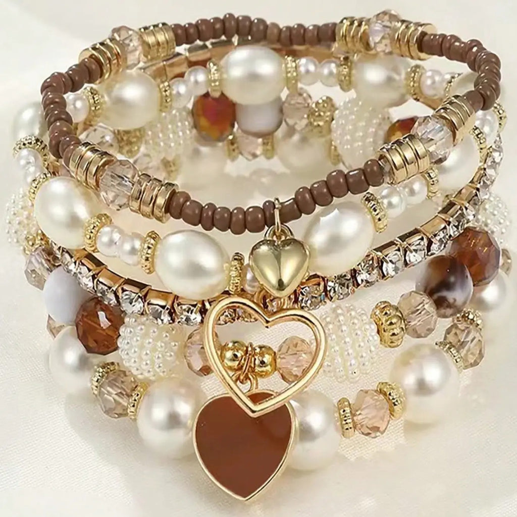 5pc Pearl Heart Bead Bracelet Set