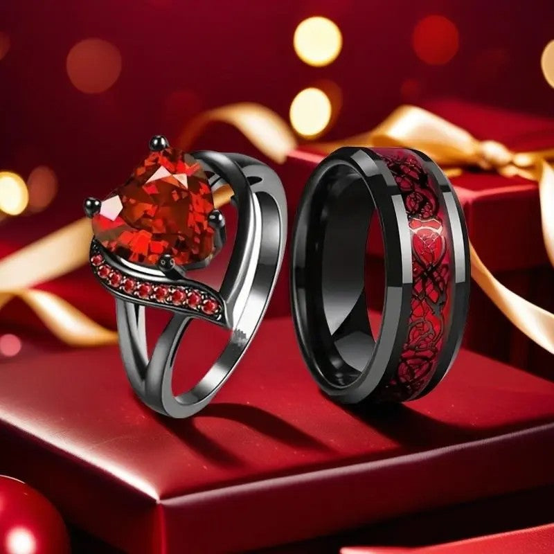 2pc Dragon Heart Ring Set