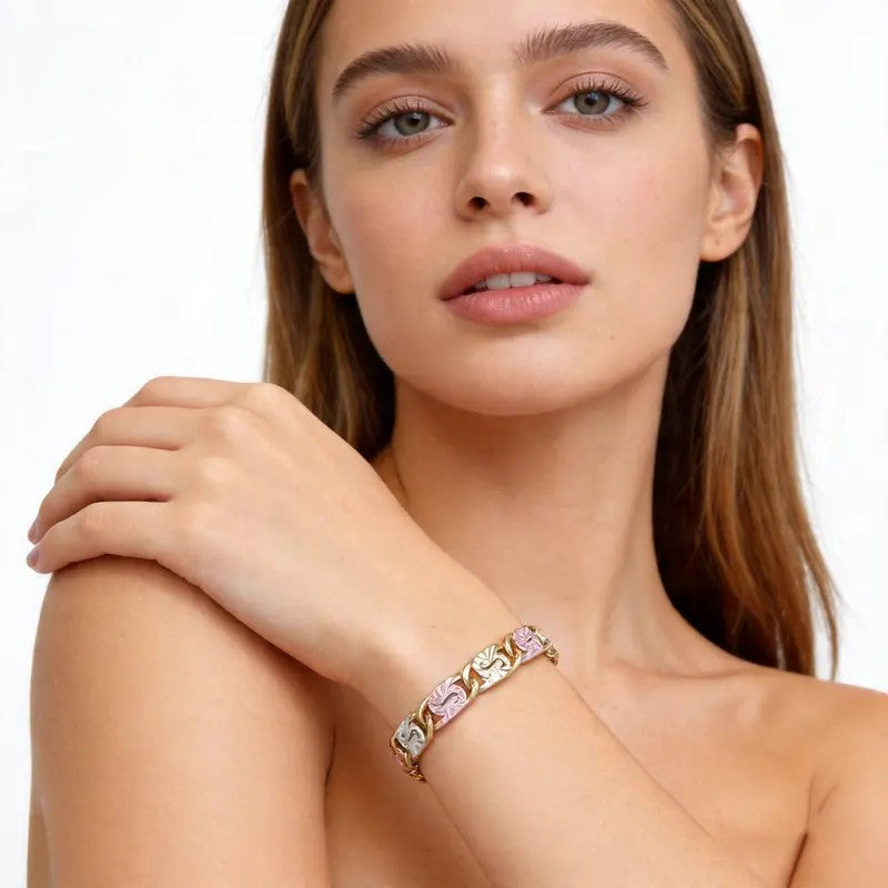 Tri Color Engraved Link Bracelet