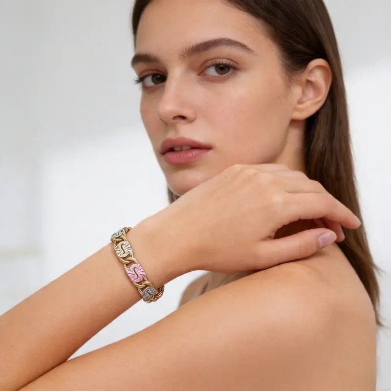 Tri Color Engraved Link Bracelet