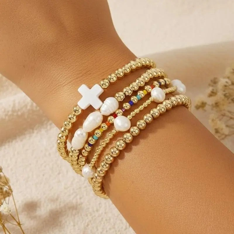 5pc Cross Pearl Bead Bracelet Stack