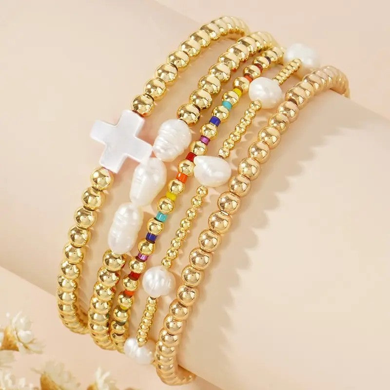5pc Cross Pearl Bead Bracelet Stack
