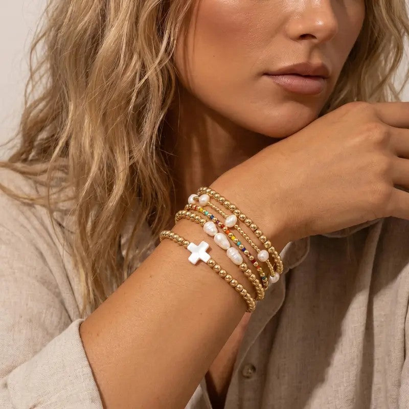 5pc Cross Pearl Bead Bracelet Stack