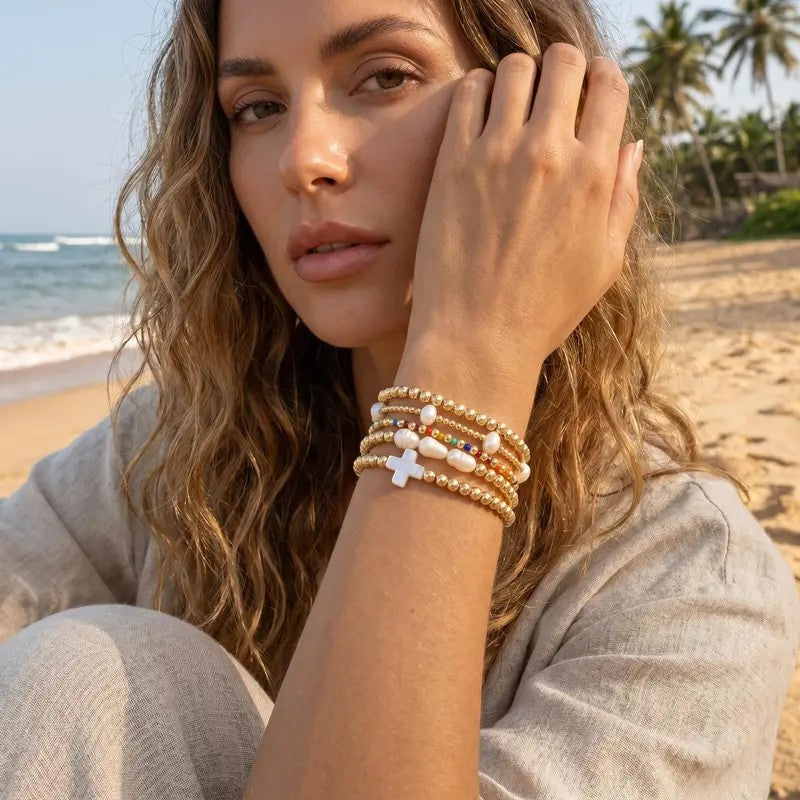 5pc Cross Pearl Bead Bracelet Stack