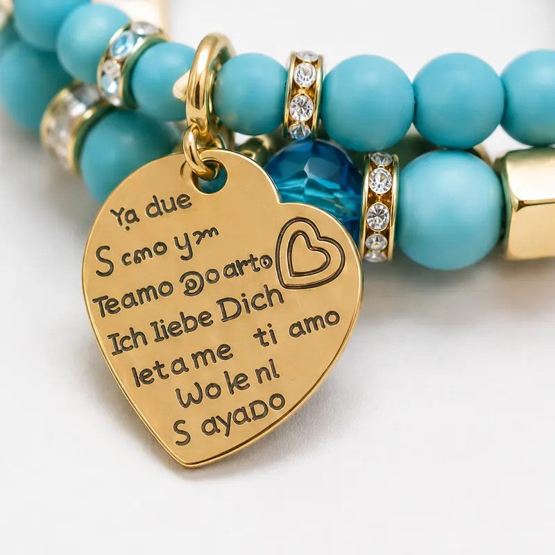 4pc Turquoise Bead Heart Charm Bracelet Set