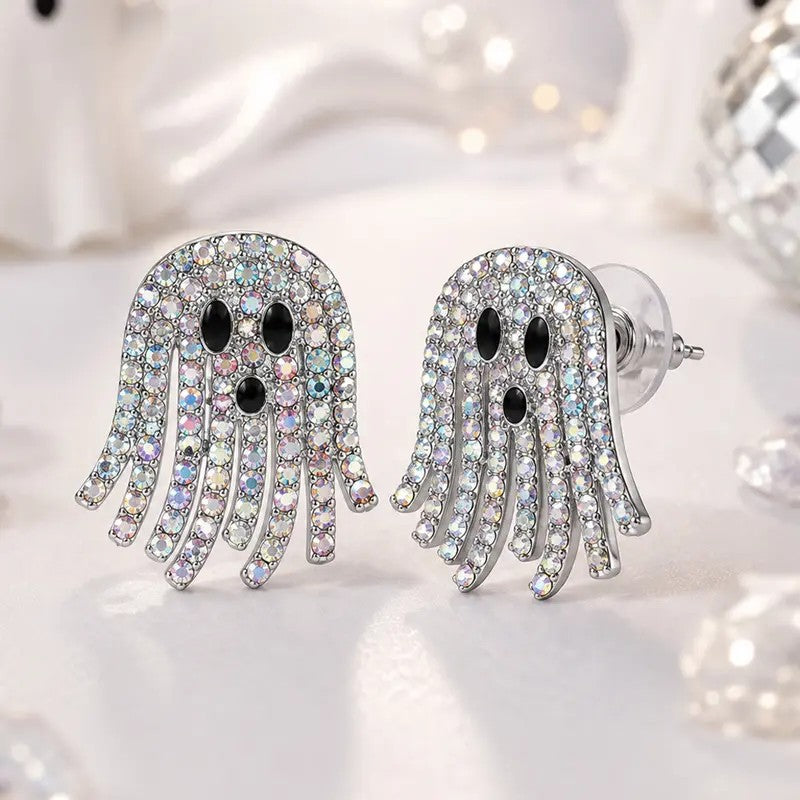 Whimsical Rhinestone Ghost Stud Earrings