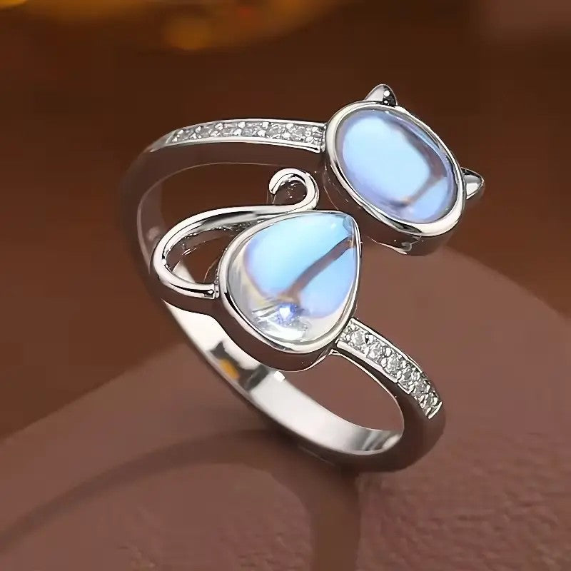 Whimsical Cat Moonstone Ring