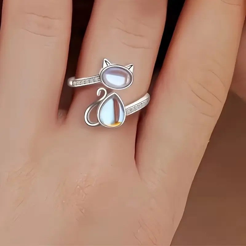 Whimsical Cat Moonstone Ring