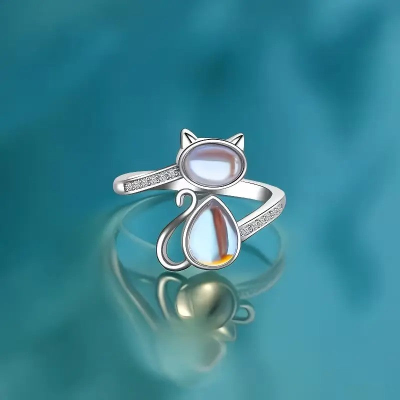 Whimsical Cat Moonstone Ring