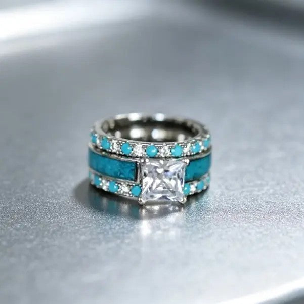 Southwestern Turquoise Princess Cut Ring Stack