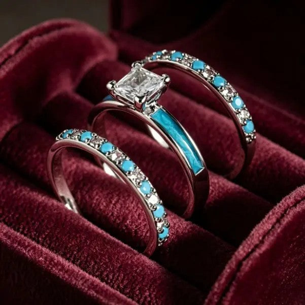 Southwestern Turquoise Princess Cut Ring Stack