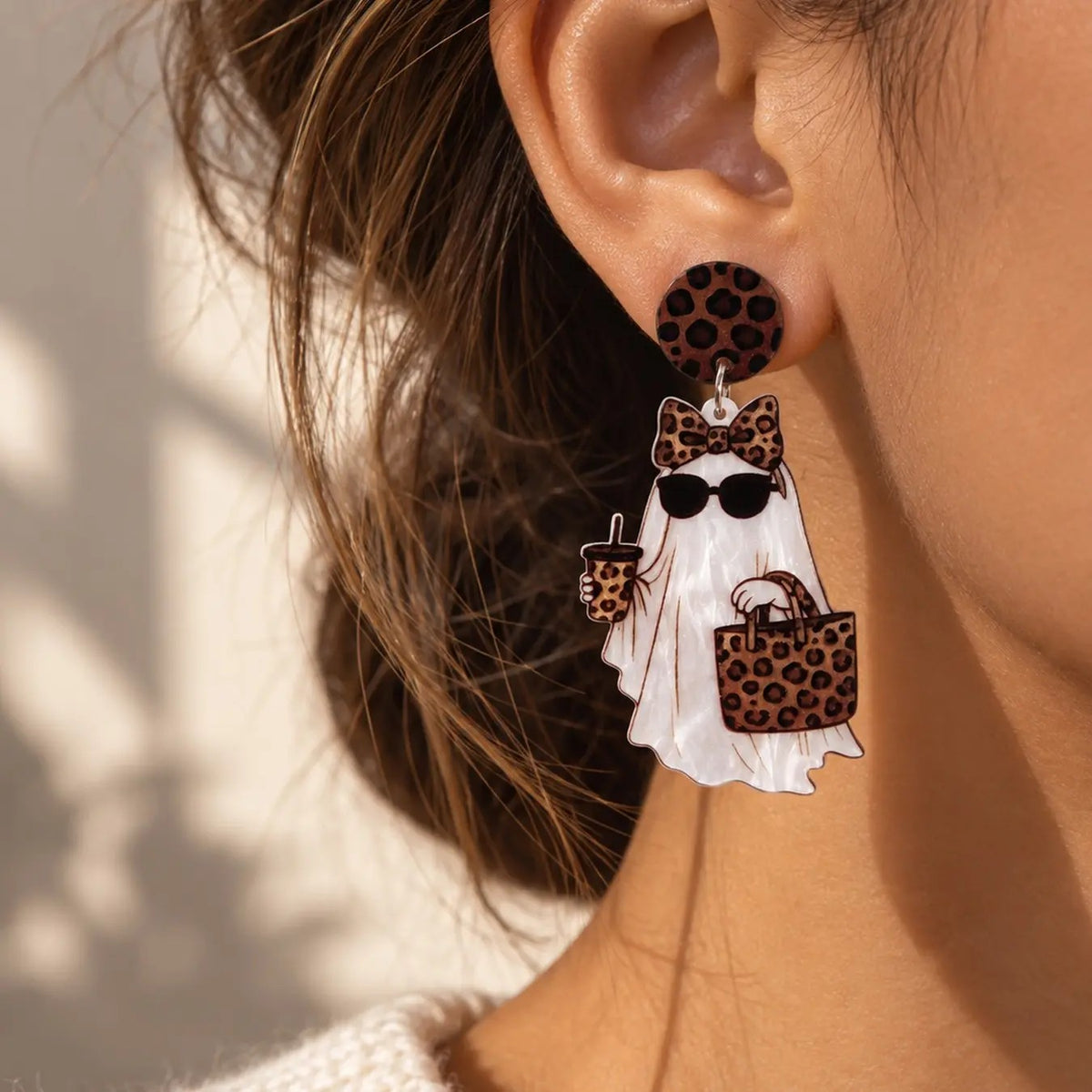 Whimsical Leopard Ghost Drop Earrings