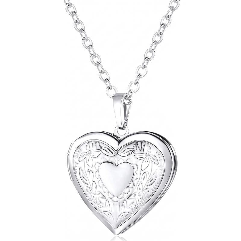 Engraved Floral Heart Locket Necklace