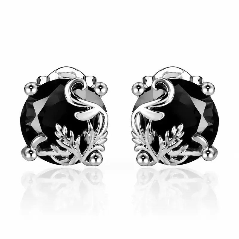 Gothic Floral Black Gemstone Stud Earrings