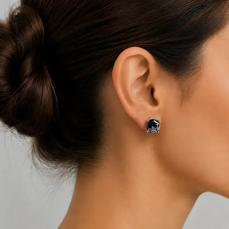 Gothic Floral Black Gemstone Stud Earrings