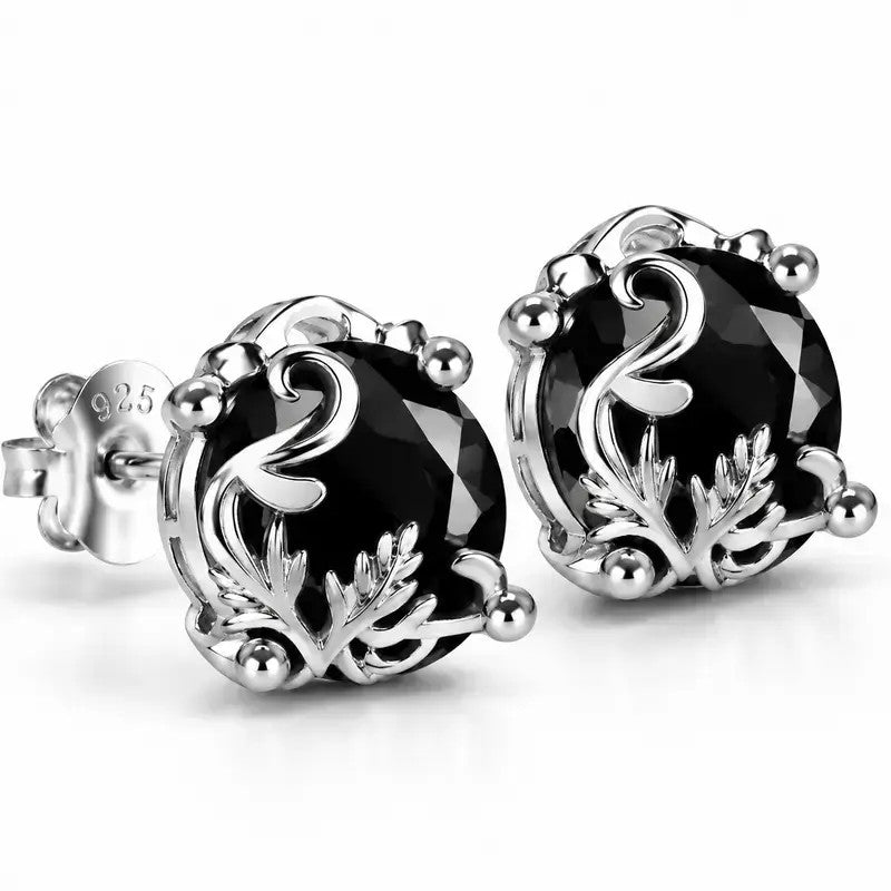 Gothic Floral Black Gemstone Stud Earrings
