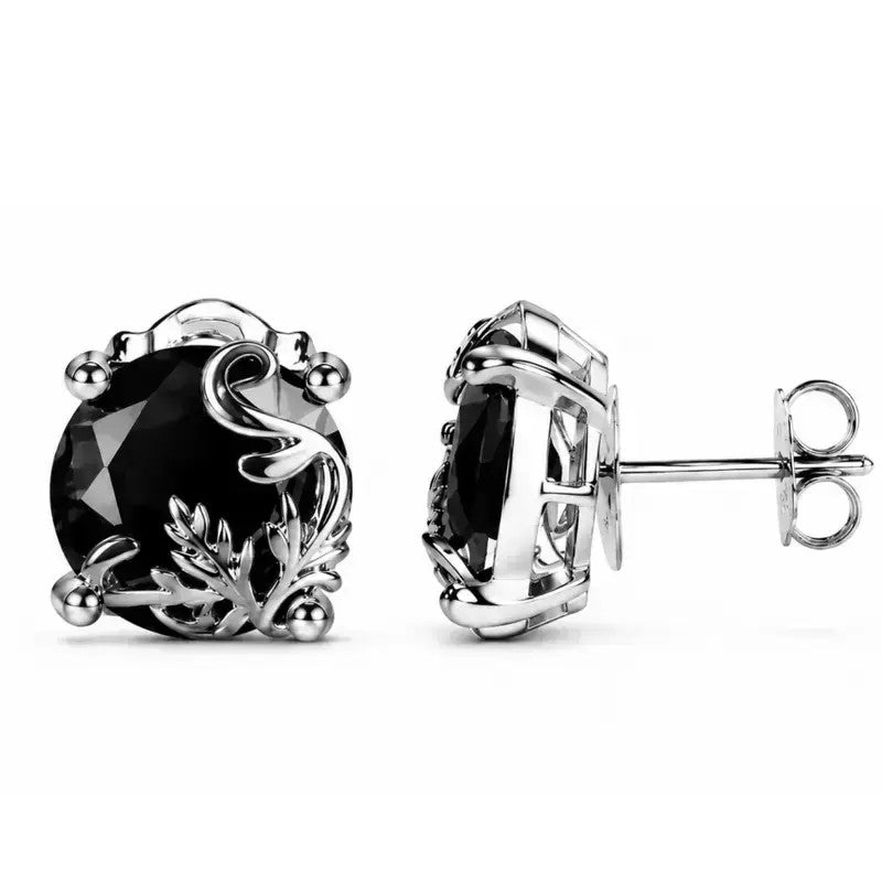 Gothic Floral Black Gemstone Stud Earrings