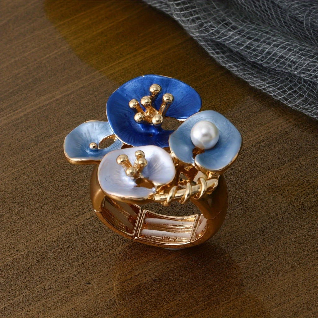 Whimsical Blue Enamel Flower Statement Ring