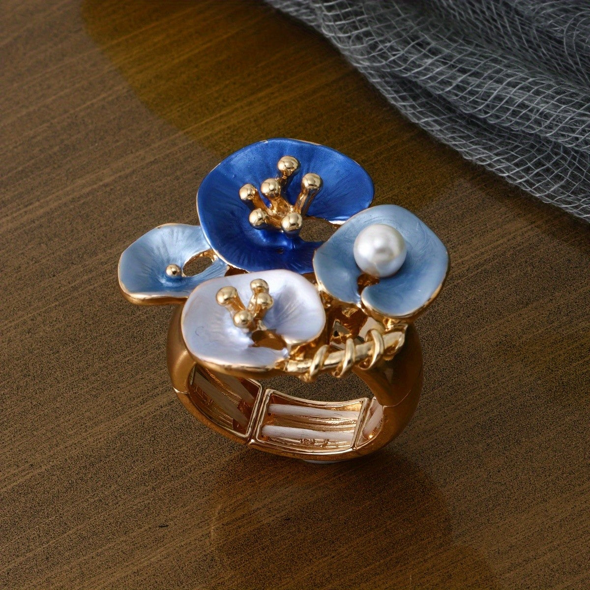 Whimsical Blue Enamel Flower Statement Ring