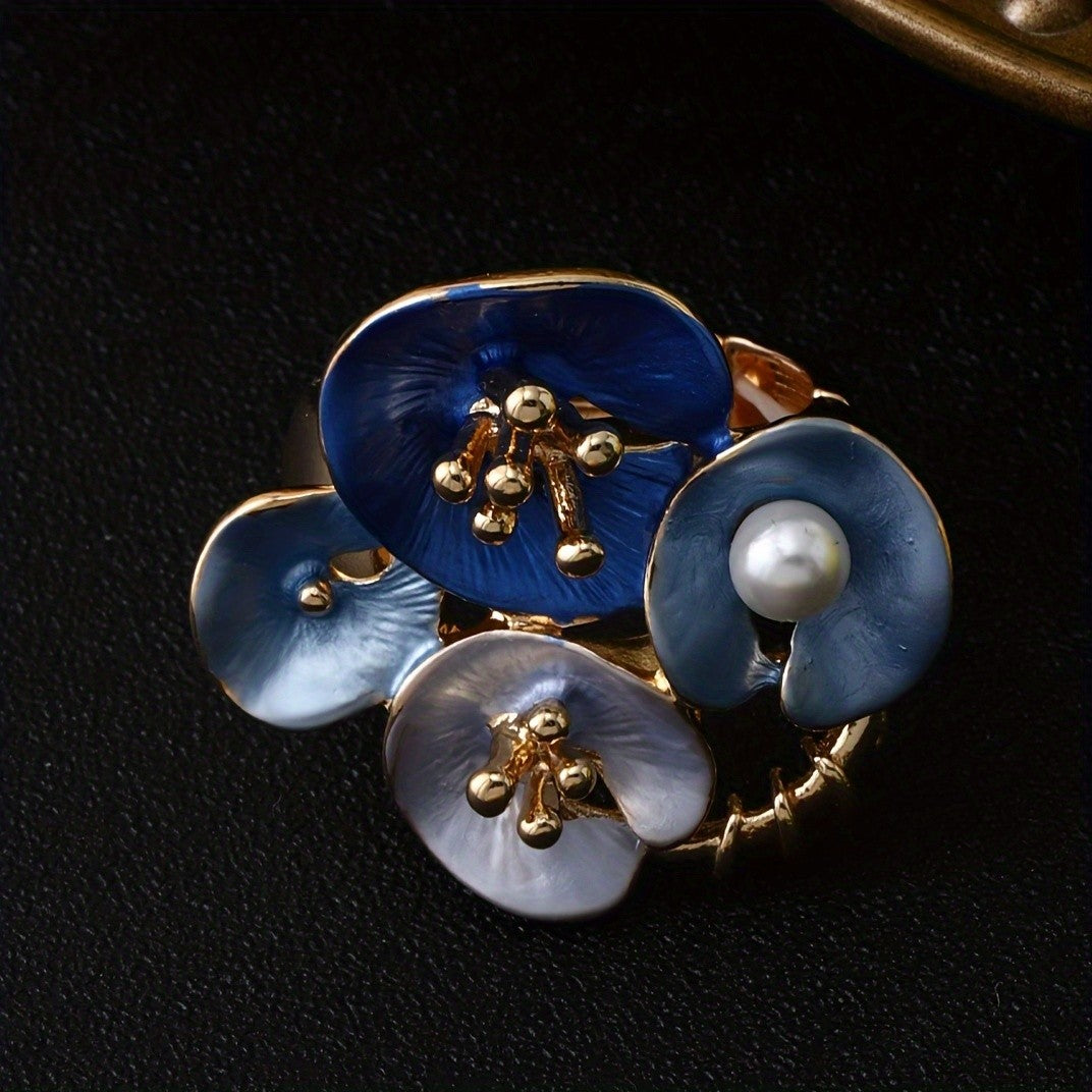 Whimsical Blue Enamel Flower Statement Ring
