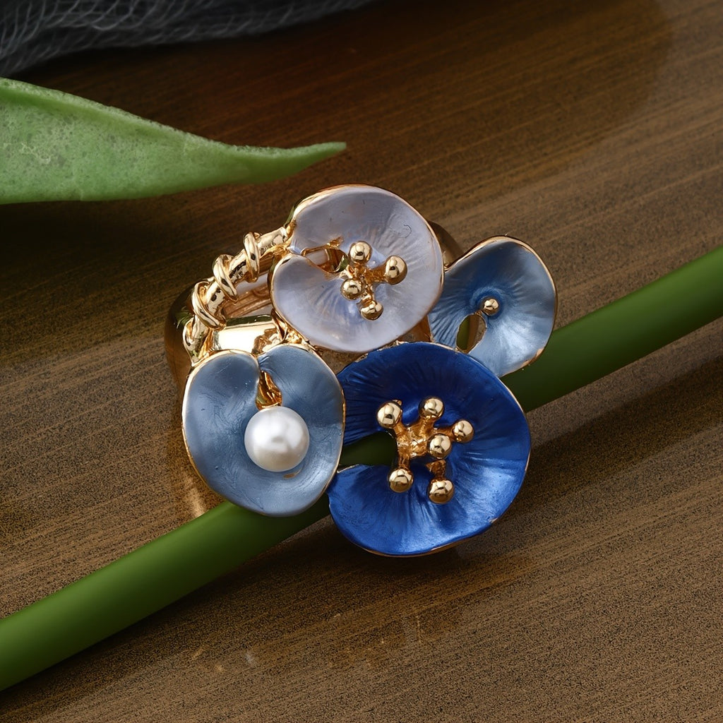 Whimsical Blue Enamel Flower Statement Ring
