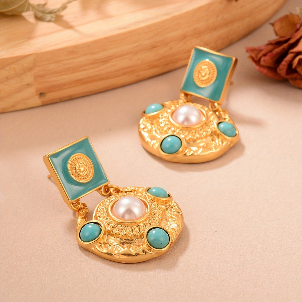 Regal Turquoise Pearl Drop Earrings