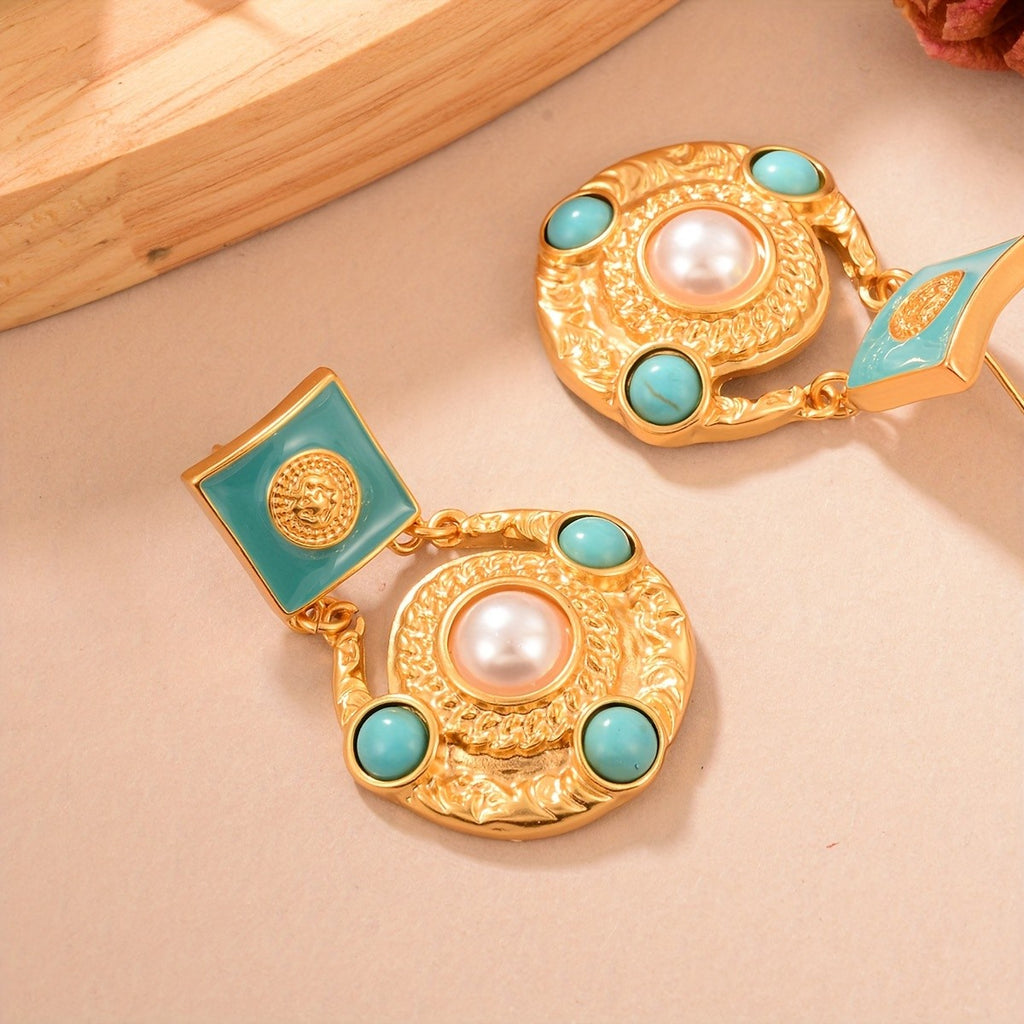 Regal Turquoise Pearl Drop Earrings