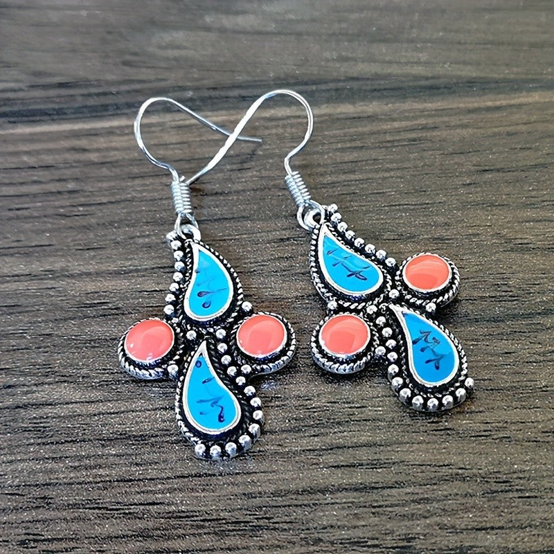 Boho Turquoise Coral Cross Drop Earrings