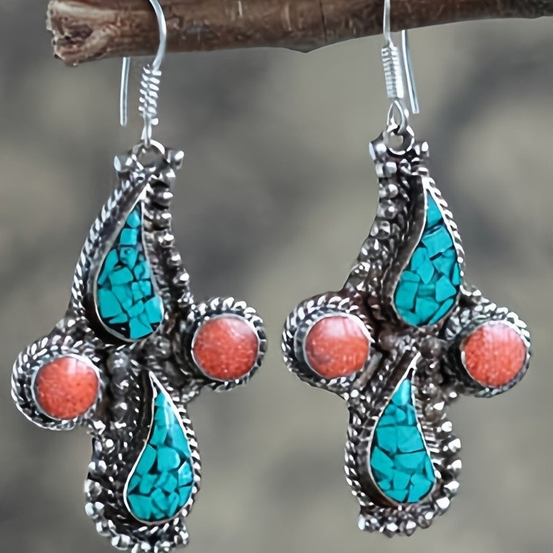 Boho Turquoise Coral Cross Drop Earrings