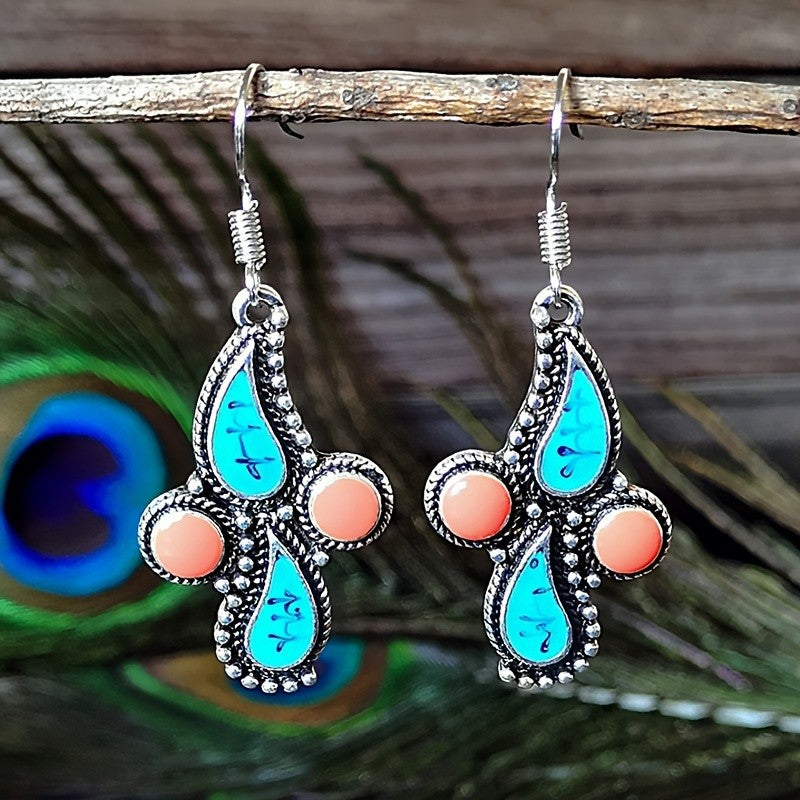 Boho Turquoise Coral Cross Drop Earrings