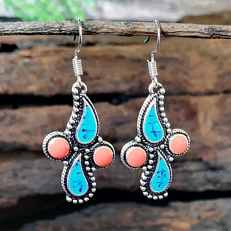 Boho Turquoise Coral Cross Drop Earrings