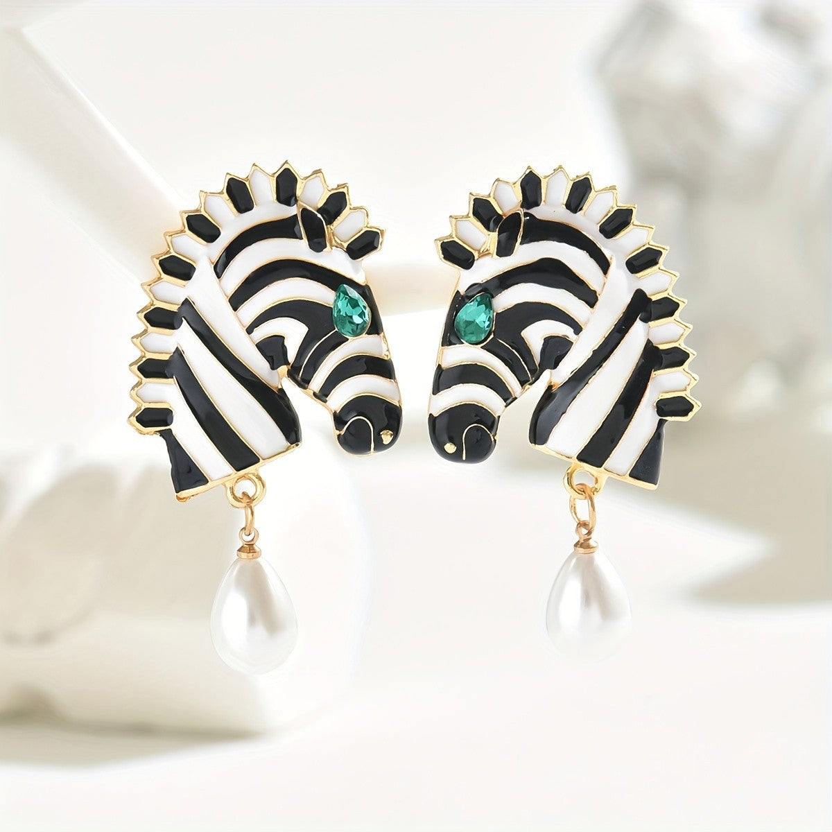 Playful Zebra Pearl Drop Earrings
