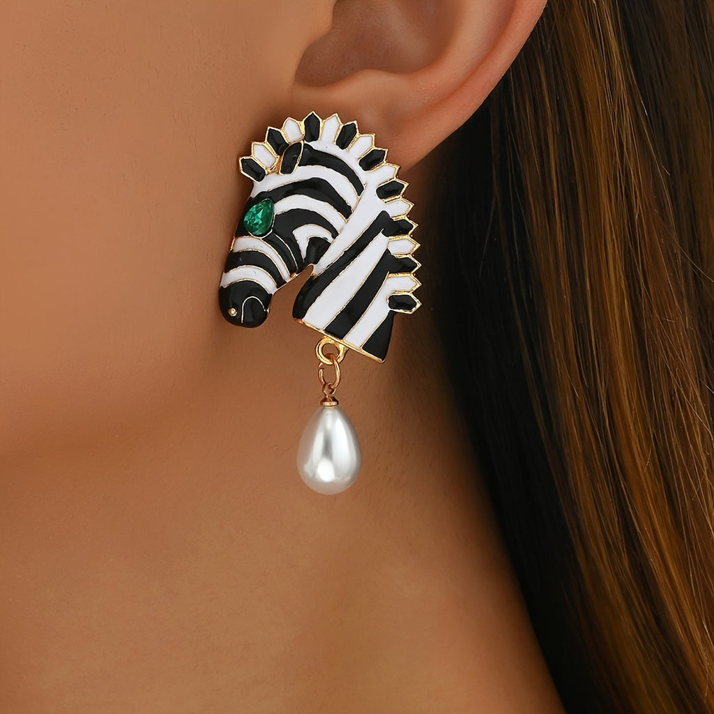 Playful Zebra Pearl Drop Earrings