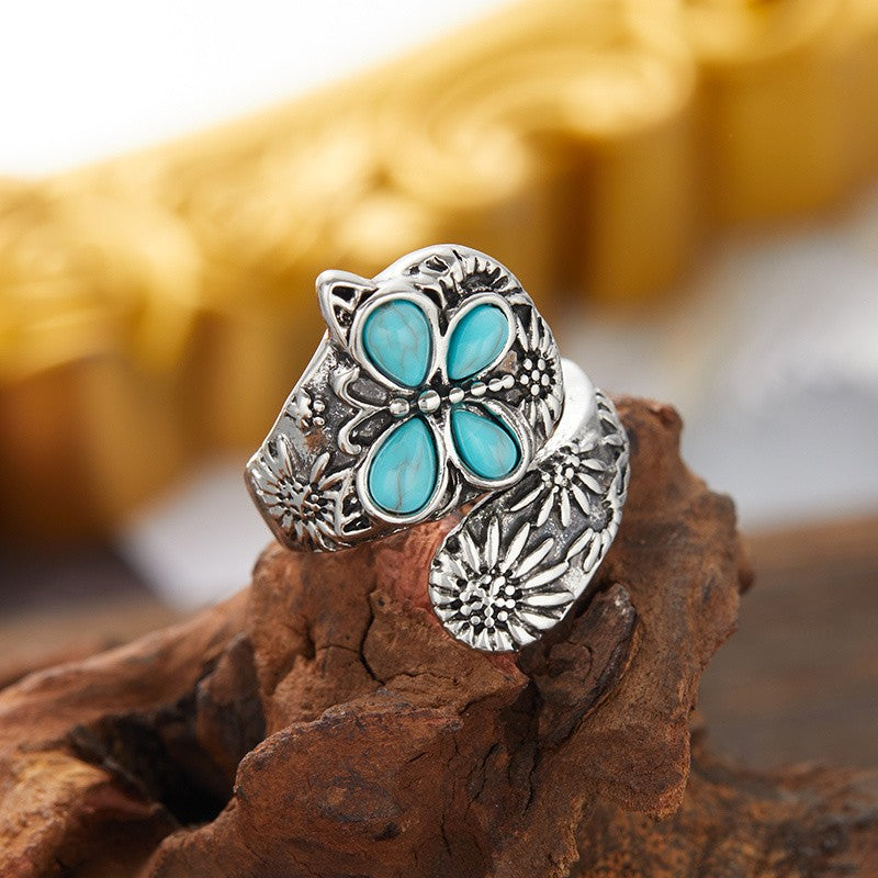 Carved Floral Turquoise Statement Ring