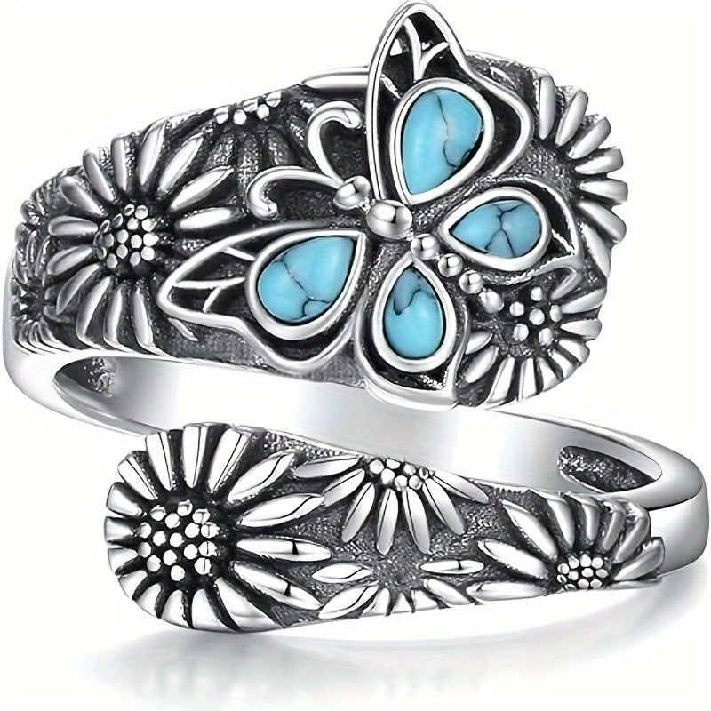 Carved Floral Turquoise Statement Ring