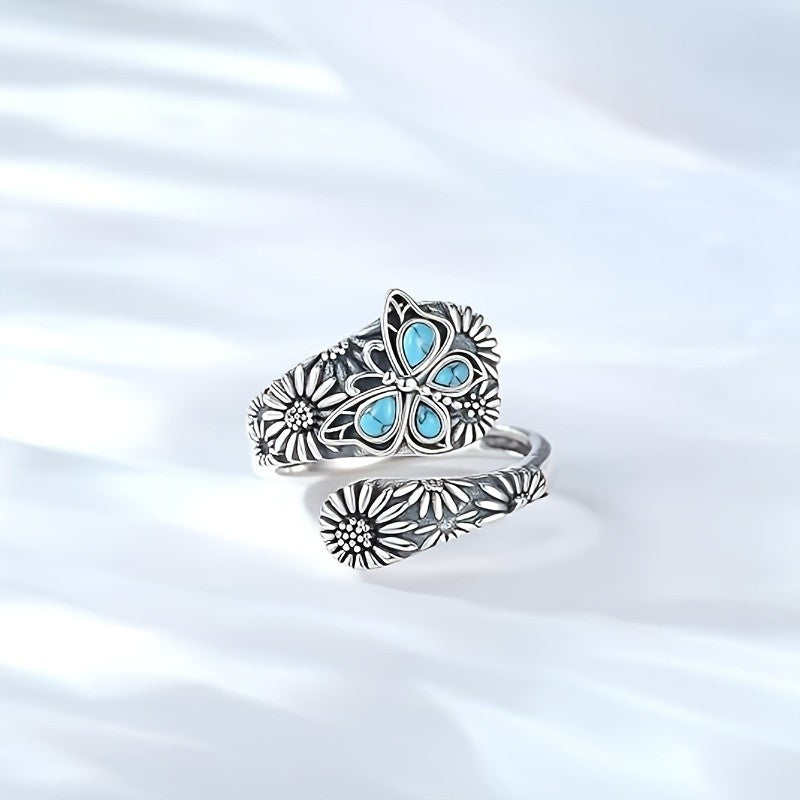 Carved Floral Turquoise Statement Ring
