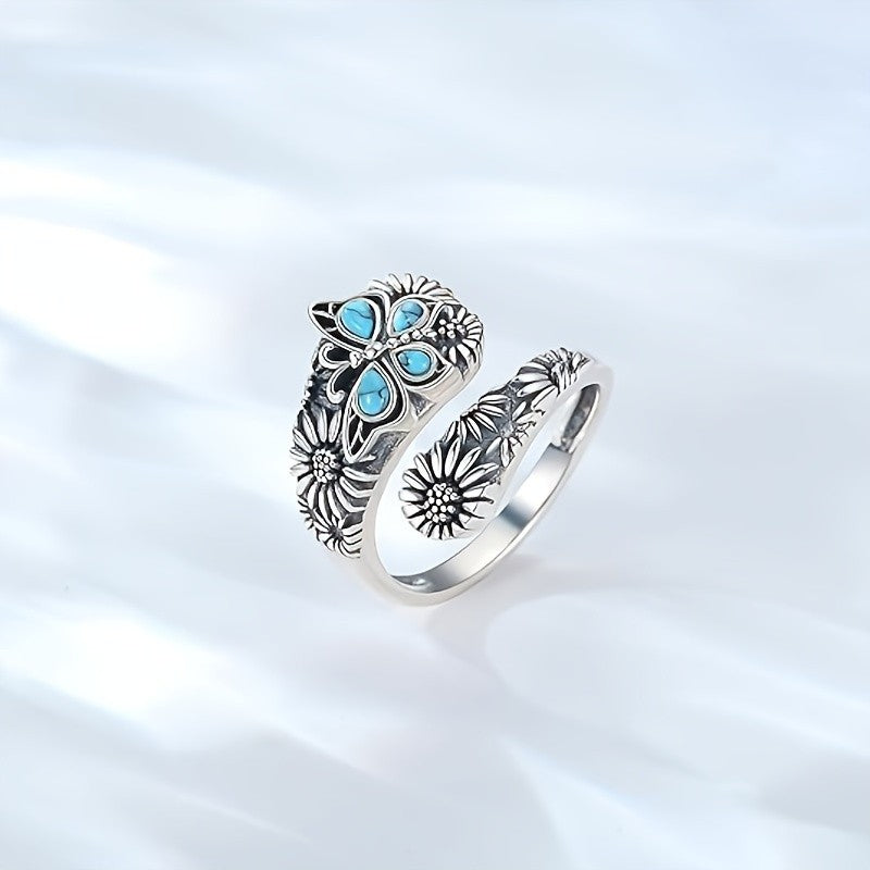 Carved Floral Turquoise Statement Ring