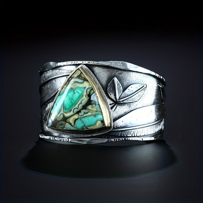 Retro Leaf Turquoise Statement Ring