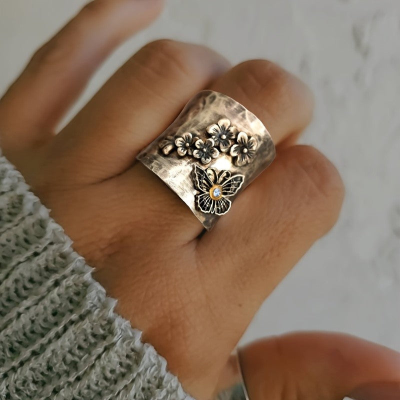 Hammered Floral Butterfly Statement Ring