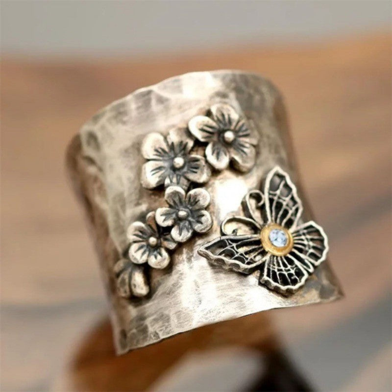 Hammered Floral Butterfly Statement Ring