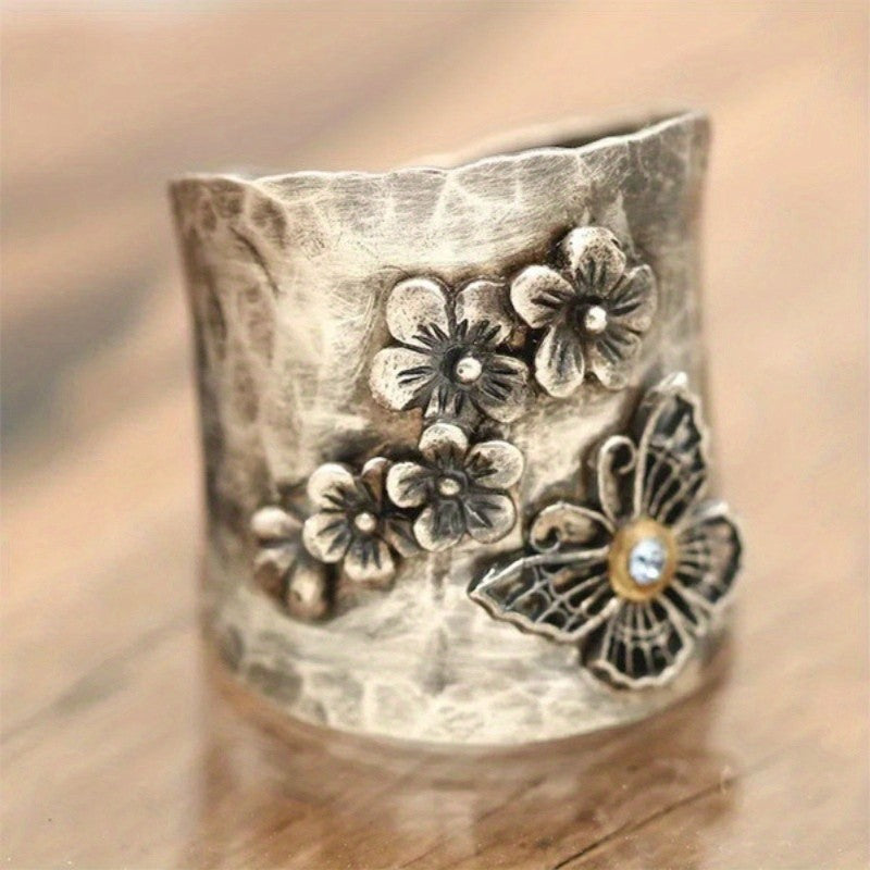 Hammered Floral Butterfly Statement Ring
