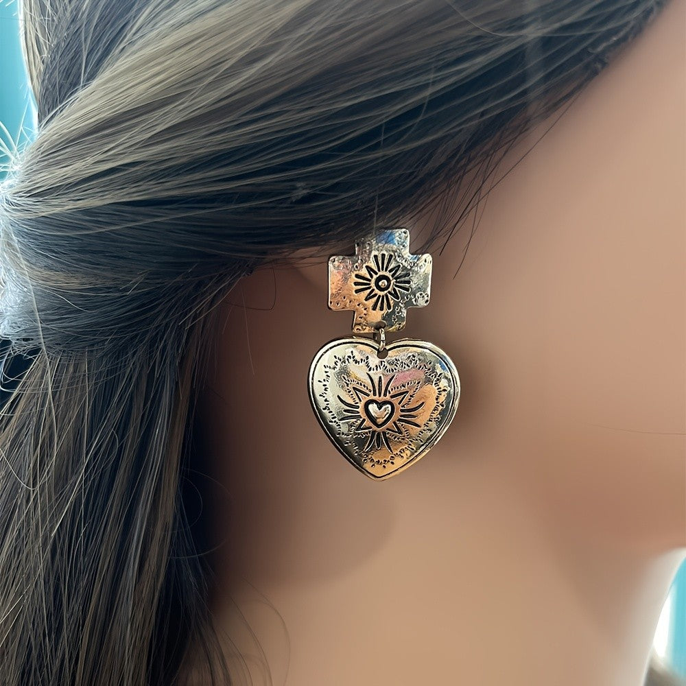 Ornate Cross Heart Drop Earrings